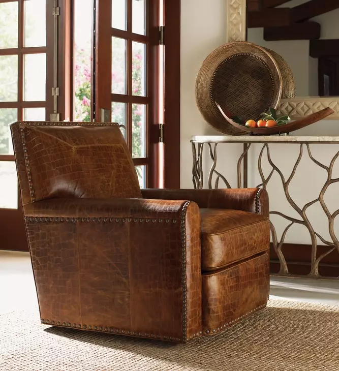 Stirling Park Brown Leather Upholstered Swivel Chair with Nailhead Trim