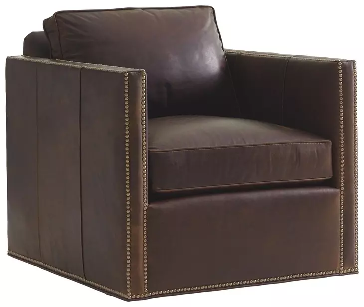 Hinsdale Shadow Play Brown Leather Upholstered Swivel Chair with Nailhead Trim