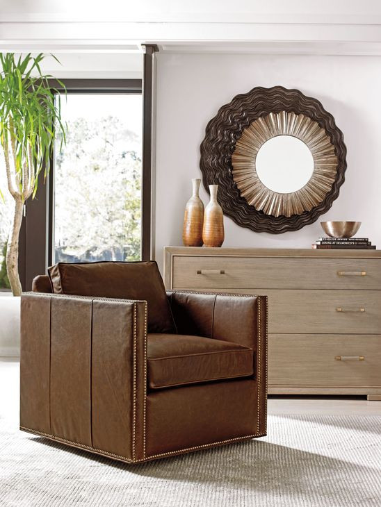 Hinsdale Shadow Play Brown Leather Upholstered Swivel Chair with Nailhead Trim