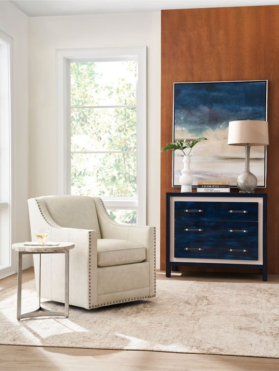 Barrier White Leather Upholstered Swivel Chair with Nailhead Trim