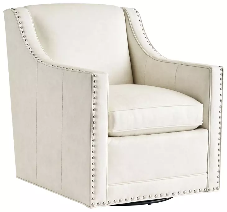 Barrier White Leather Upholstered Swivel Chair with Nailhead Trim