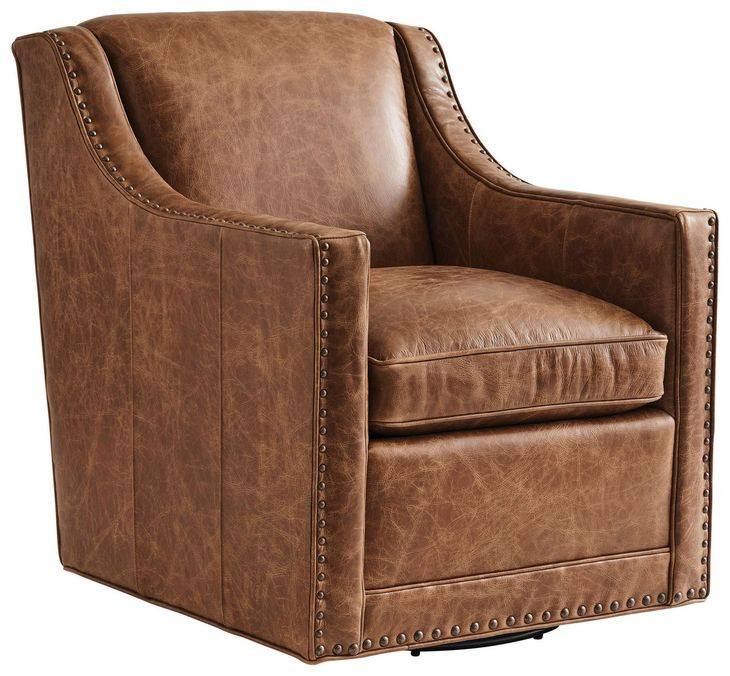 Barrier Brown Leather Upholstered Swivel Chair with Nailhead Trim