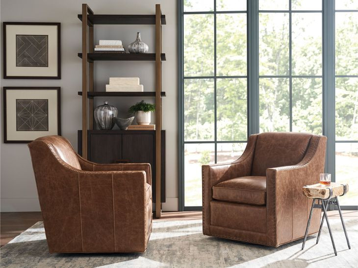 Barrier Brown Leather Upholstered Swivel Chair with Nailhead Trim