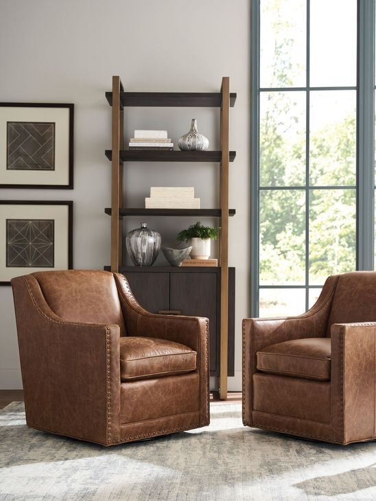 Barrier Brown Leather Upholstered Swivel Chair with Nailhead Trim