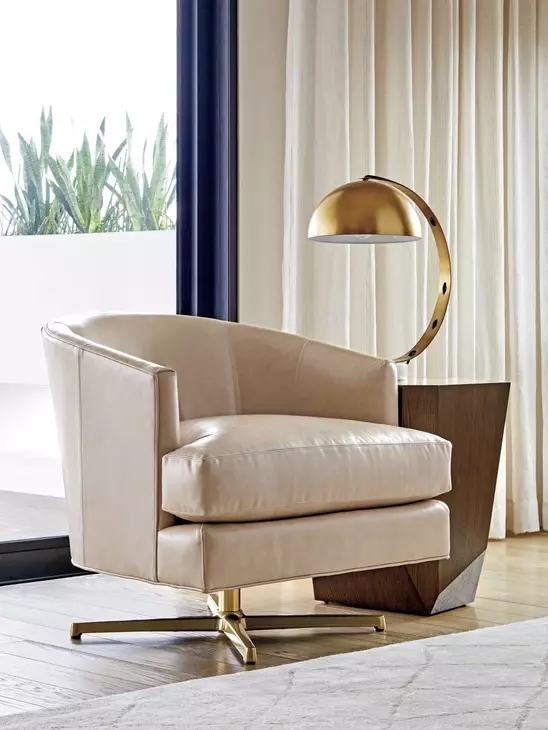 Graves Beige and Brass Leather Upholstered Swivel Chair