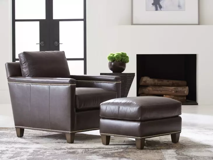 Strada Leather Misty Gray Leather Upholstered Rectangular Ottoman with Nailhead Trim