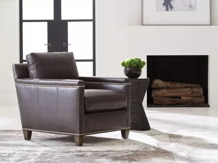 Strada Misty Gray Leather Upholstered Lounge Chair with Nailhead Trim