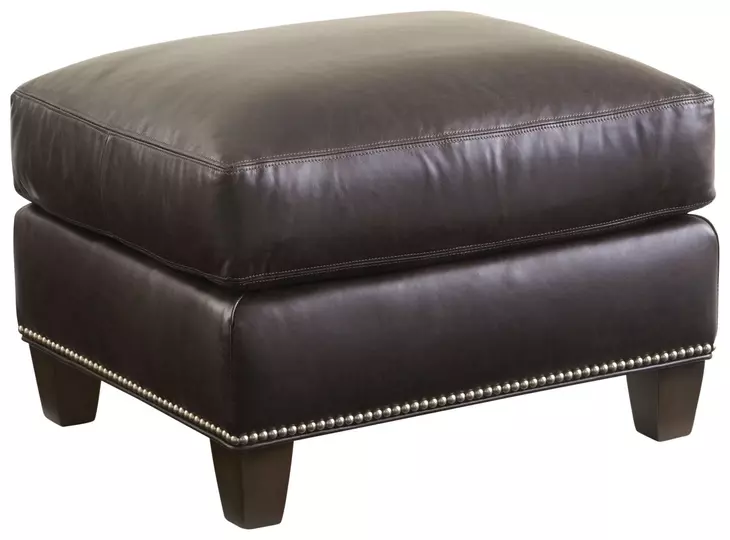 Strada Leather Misty Gray Leather Upholstered Rectangular Ottoman with Nailhead Trim