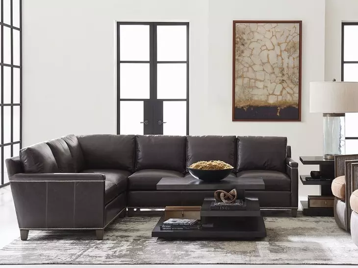 Strada Gray Leather 3 Piece Modular Sectional with Nailhead Trim