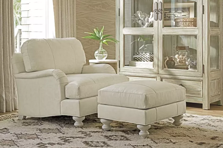 Ocean Breeze Cream Leather Upholstered Rectangular Gilmore Ottoman