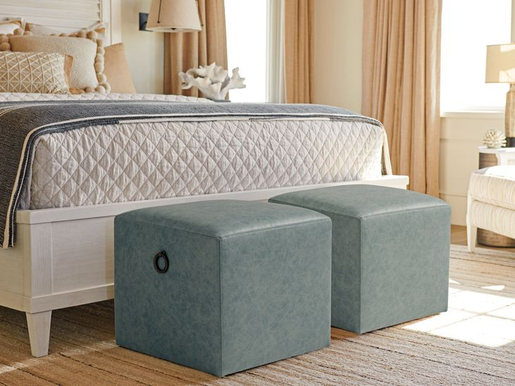 Ocean Breeze Jupiter Blue Leather Upholstered Square Ottoman