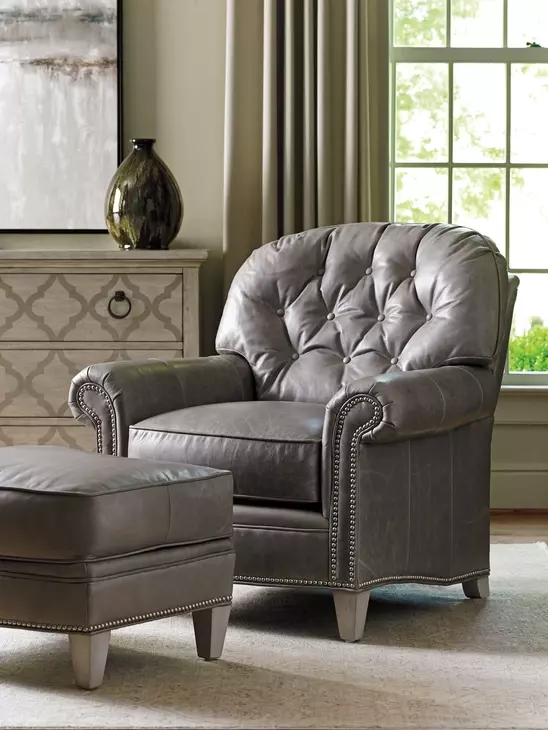 Bayville Oyster Bay Millstone Leather Upholstered Lounge Chair with Nailhead Trim