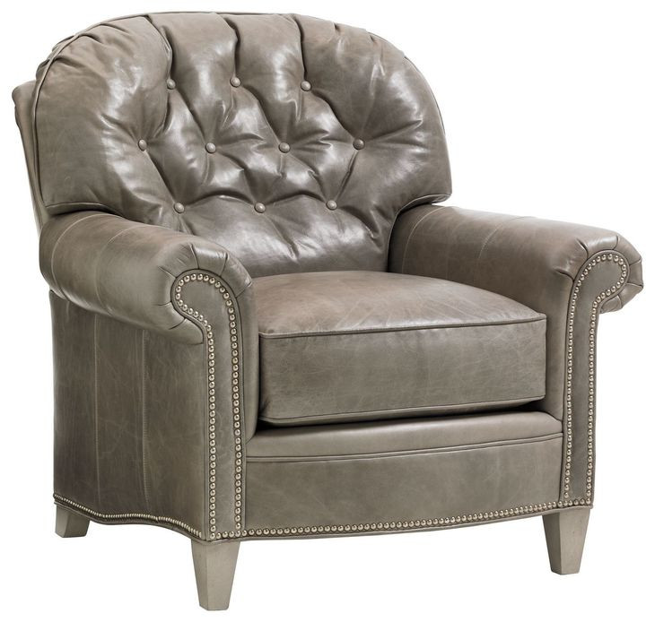 Bayville Oyster Bay Millstone Leather Upholstered Lounge Chair with Nailhead Trim