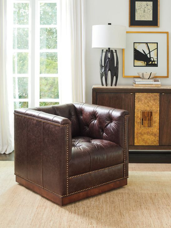 Freemont Silverado Brown Leather Upholstered Swivel Chair with Nailhead Trim
