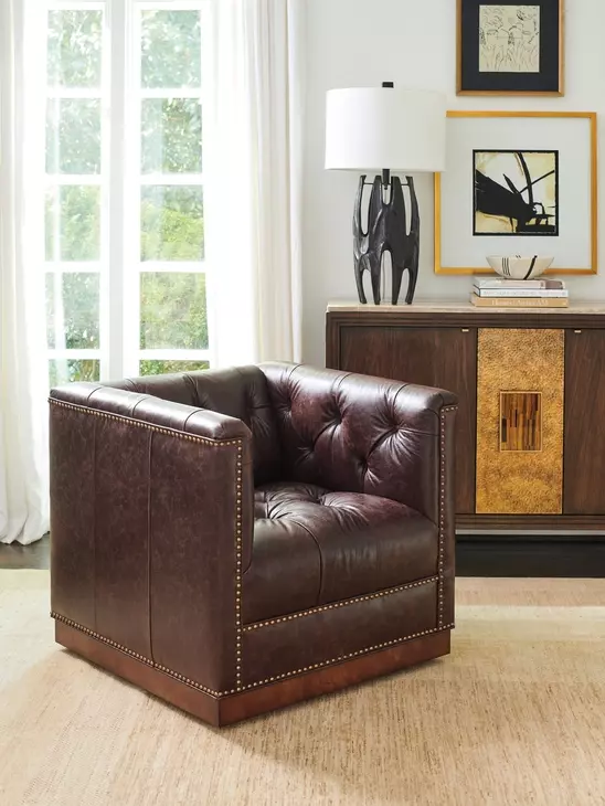 Freemont Silverado Brown Leather Upholstered Swivel Chair with Nailhead Trim