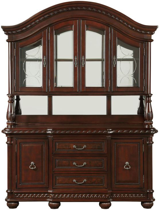 Antoinette Brown 3 Drawers 4 Glass Door Buffet and Hutch with LED lighting