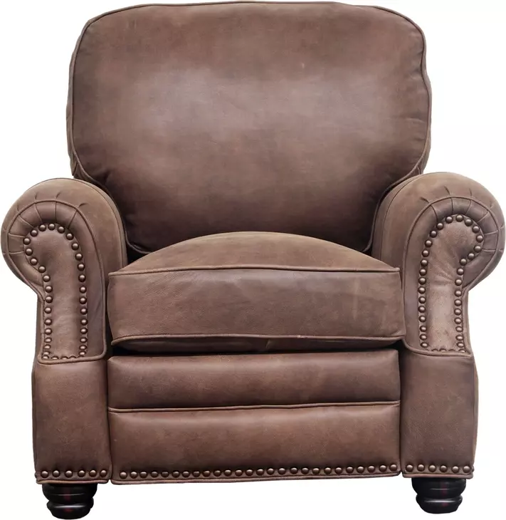 Longhorn Dark Sanded Bomber Leather Push Thru The Arms Recliner with Nailhead Trim