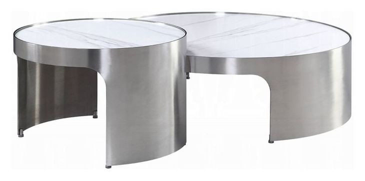 Abilene White and Brushed Silver Round Nesting Coffee Table Set