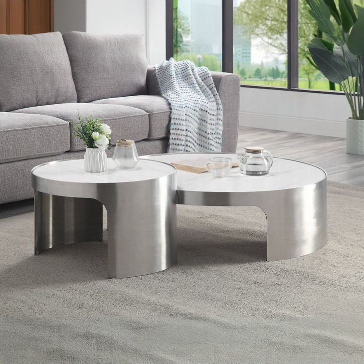 Abilene White and Brushed Silver Round Nesting Coffee Table Set
