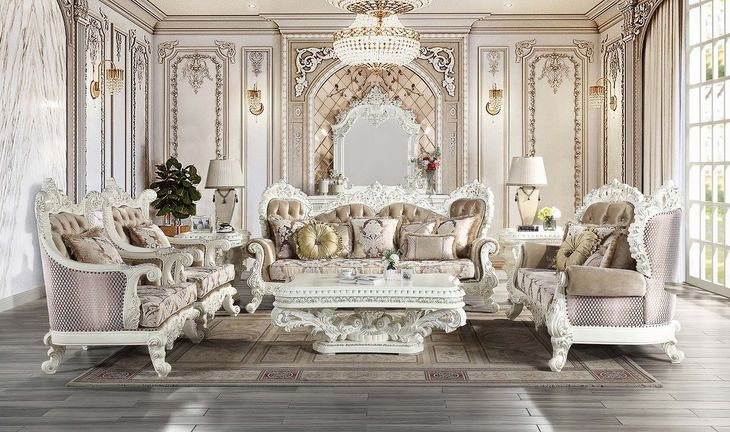Vanaheim Beige and Gold 97" Sofa with Nailhead Trim