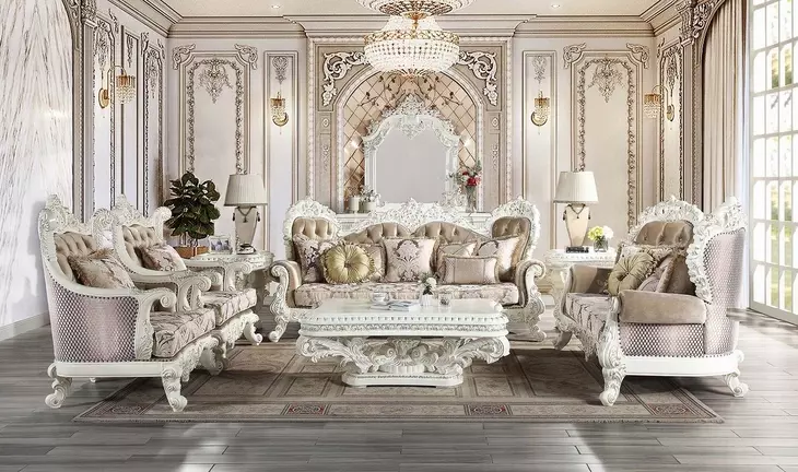 Vanaheim Beige and Gold 97" Sofa with Nailhead Trim