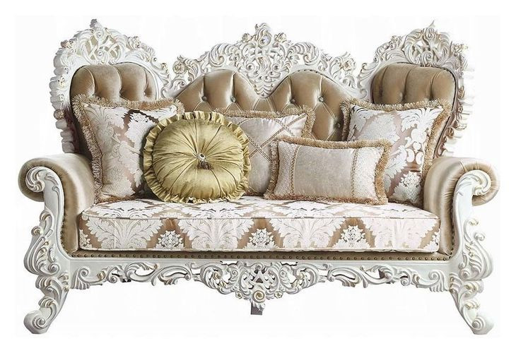 Vanaheim Beige and Gold 78" Loveseat with Pillow and Nailhead Trim