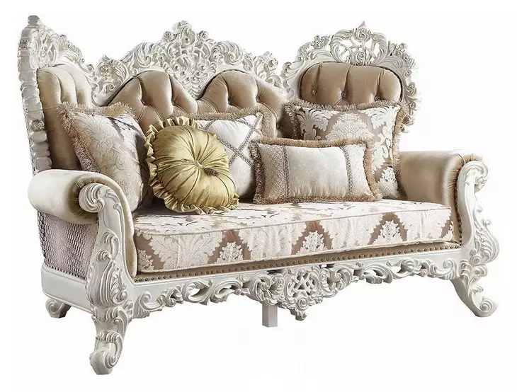 Vanaheim Beige and Gold 78" Loveseat with Pillow and Nailhead Trim