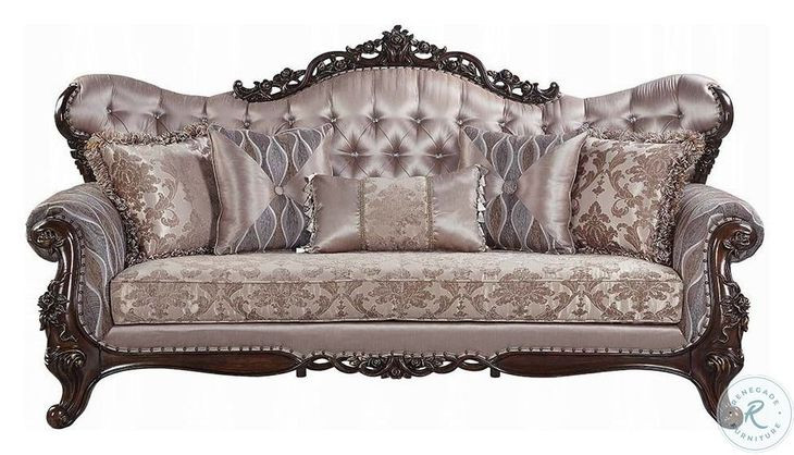 Benbek Fabric and Antique Oak Living Room Set with 5 Pillows