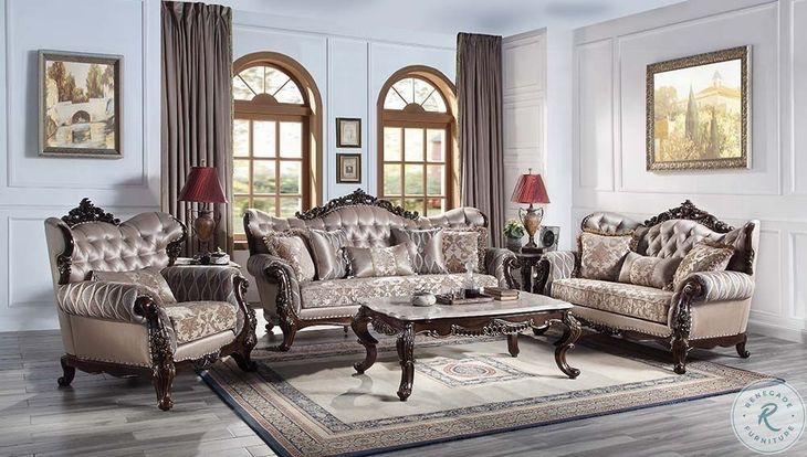 Benbek Fabric and Antique Oak Living Room Set with 5 Pillows