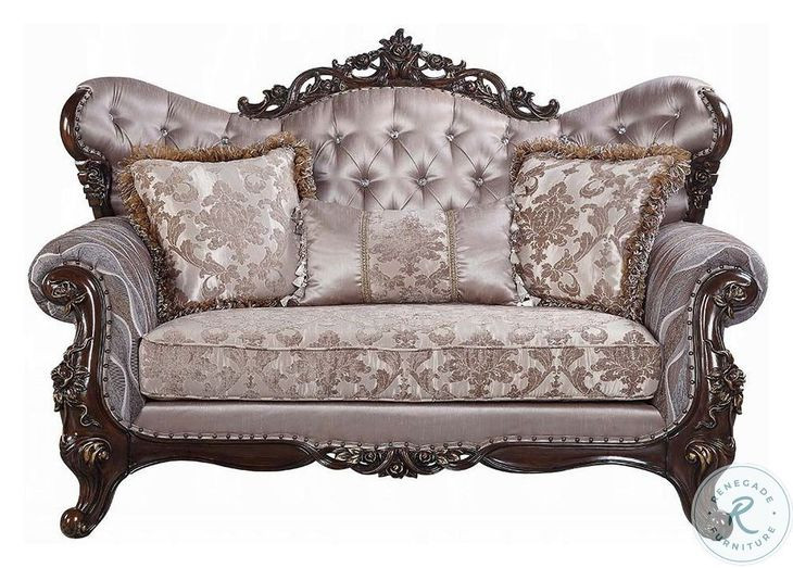 Benbek Fabric and Antique Oak 70" Loveseat with 3 Pillows