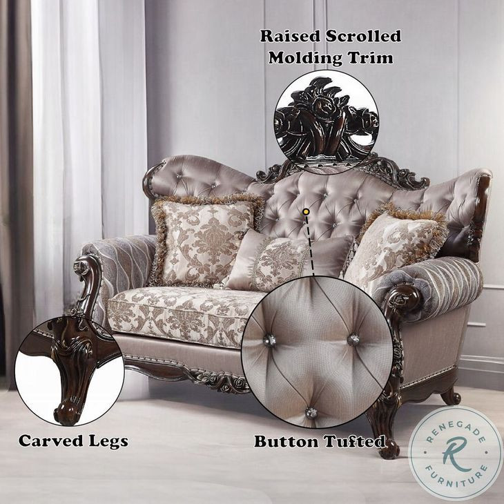 Benbek Fabric and Antique Oak 70" Loveseat with 3 Pillows