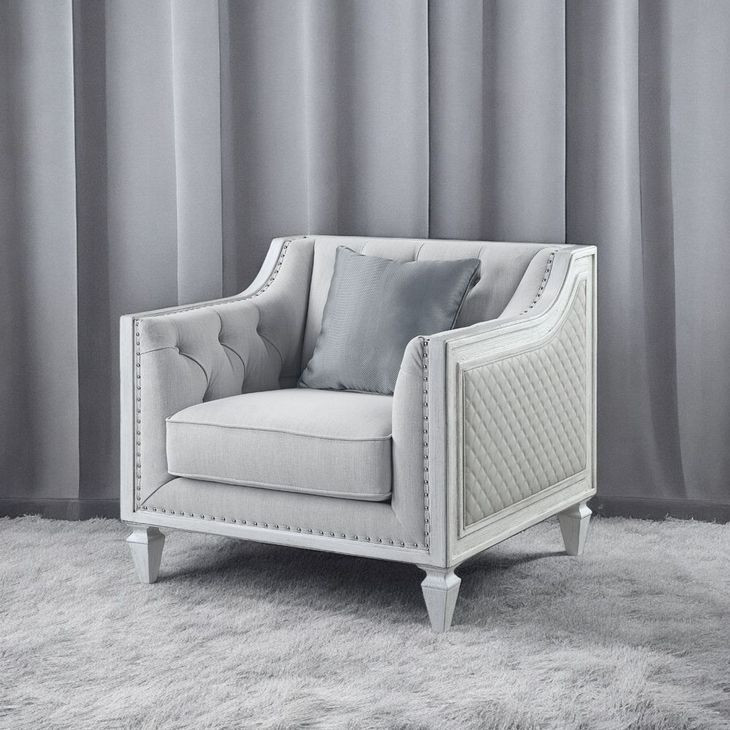 Katia Light Gray Upholstered Accent Chair with Pillow and Nailhead Trim
