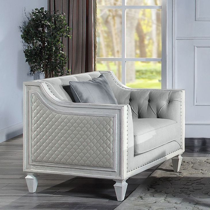 Katia Light Gray Upholstered Accent Chair with Pillow and Nailhead Trim