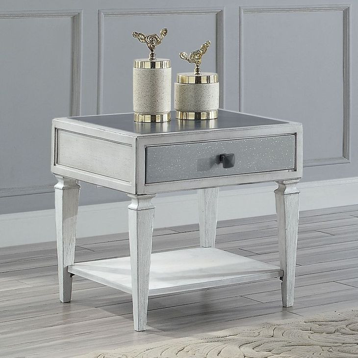 Katia Rustic Gray and Weathered White Square Stone Top End Table