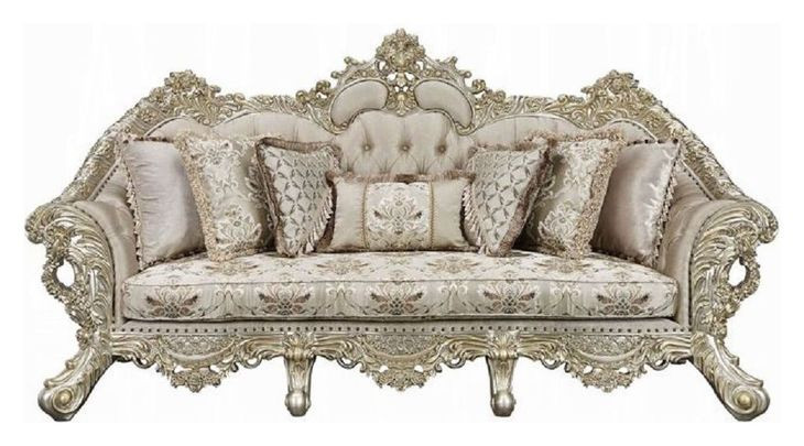 Danae Champagne and Gold 100" Sofa with Pillows and Nailhead Trim