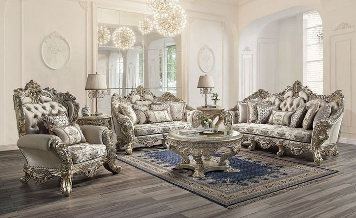 Danae Champagne and Gold 100" Sofa with Pillows and Nailhead Trim