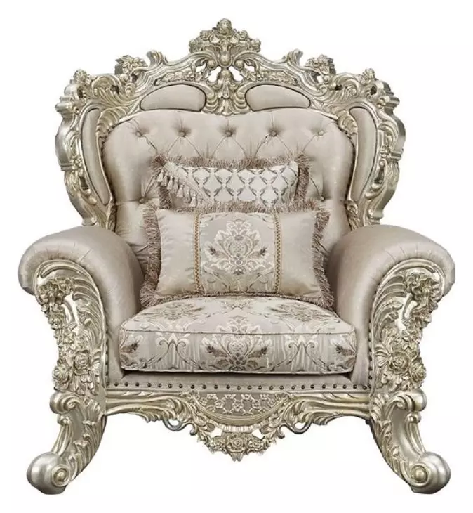 Danae Champagne and Gold Upholstered Lounge Chair with Pillows and Nailhead trim