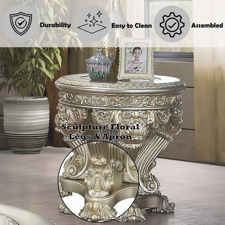 Danae Champagne and Gold Round Glass Top End Table