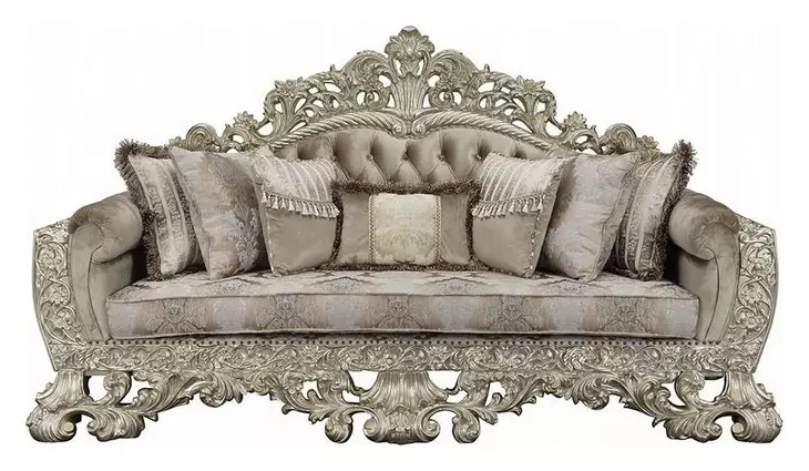Sorina Beige and Antique Gold Living Room Set with Pillows and Nailhead Trim