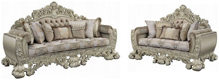 Sorina Beige and Antique Gold Living Room Set with Pillows and Nailhead Trim