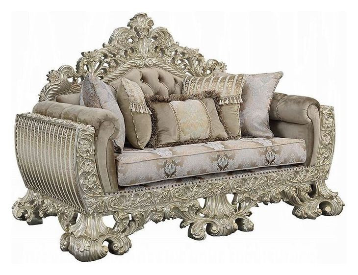 Sorina Beige and Antique Gold 77" Loveseat with Pillows and Nailhead Trim