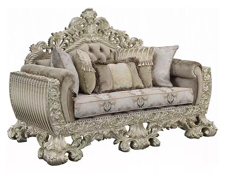 Sorina Beige and Antique Gold 77" Loveseat with Pillows and Nailhead Trim