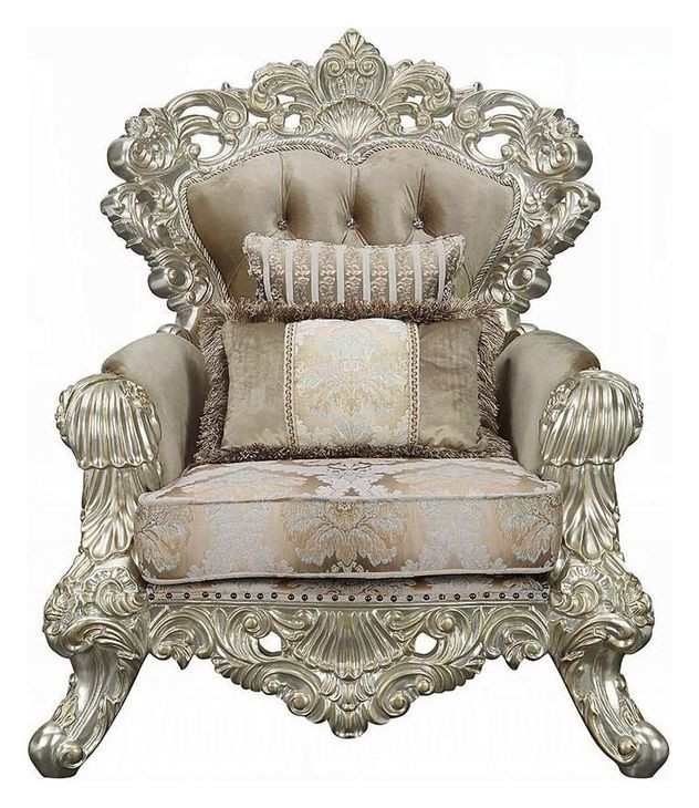 Sorina Beige and Antique Gold Lounge Chair with Pillows and Nailhead Trim