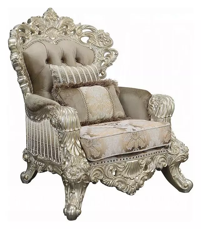 Sorina Beige and Antique Gold Lounge Chair with Pillows and Nailhead Trim