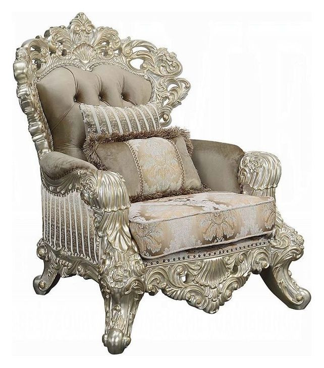 Sorina Beige and Antique Gold Living Room Set with Pillows and Nailhead Trim