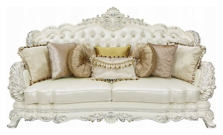 Adara Pearl White 90" Sofa with Pillows and Nailhead Trim