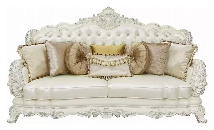 Adara Pearl White Living Room Set with Pillows and Nailhead Trim