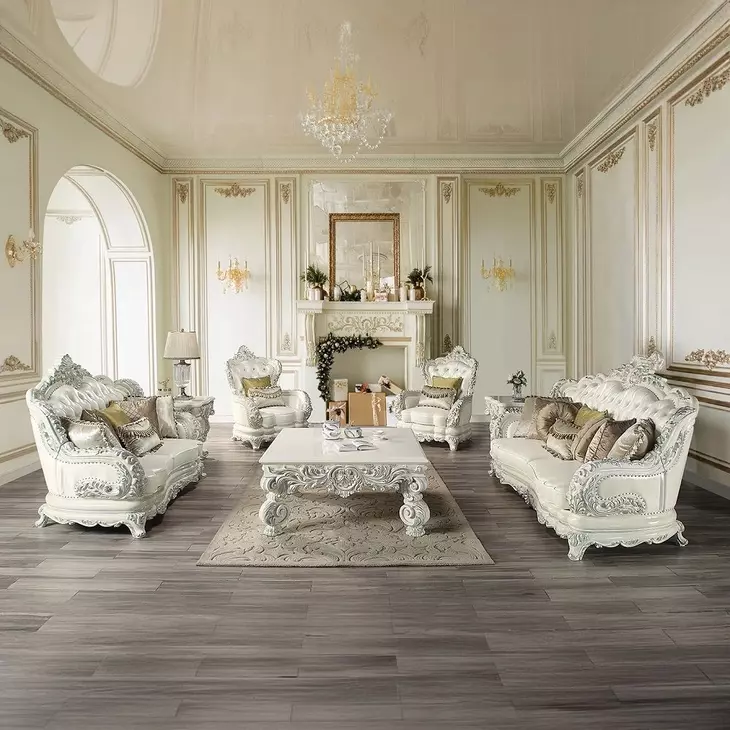 Adara Pearl White Living Room Set with Pillows and Nailhead Trim