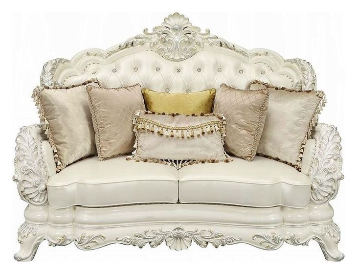 Adara Pearl White 70" Loveseat with Pillows and Nailhead Trim