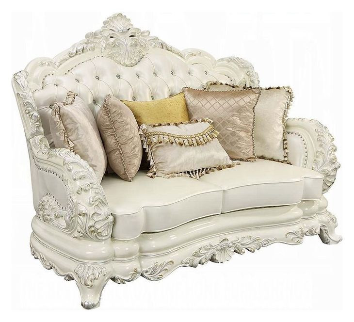 Adara Pearl White 70" Loveseat with Pillows and Nailhead Trim